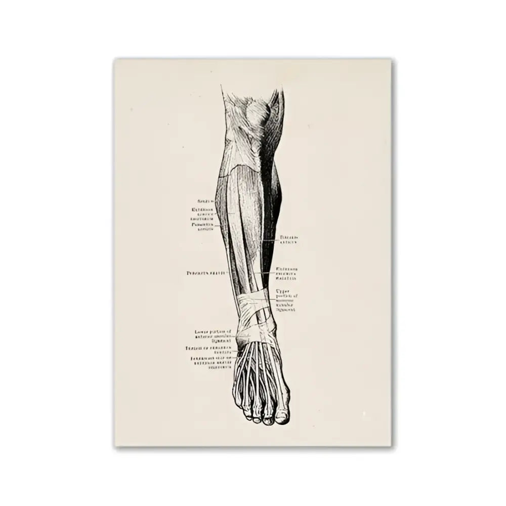 Anatomy canvas print featuring a vintage human anatomy black ink illustration of a lower leg and foot on textured paper