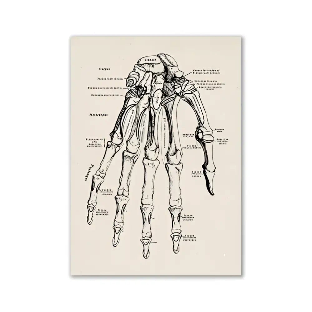 Anatomical hand skeleton diagram on off-white canvas print with black ink labels for medical human anatomy wall art