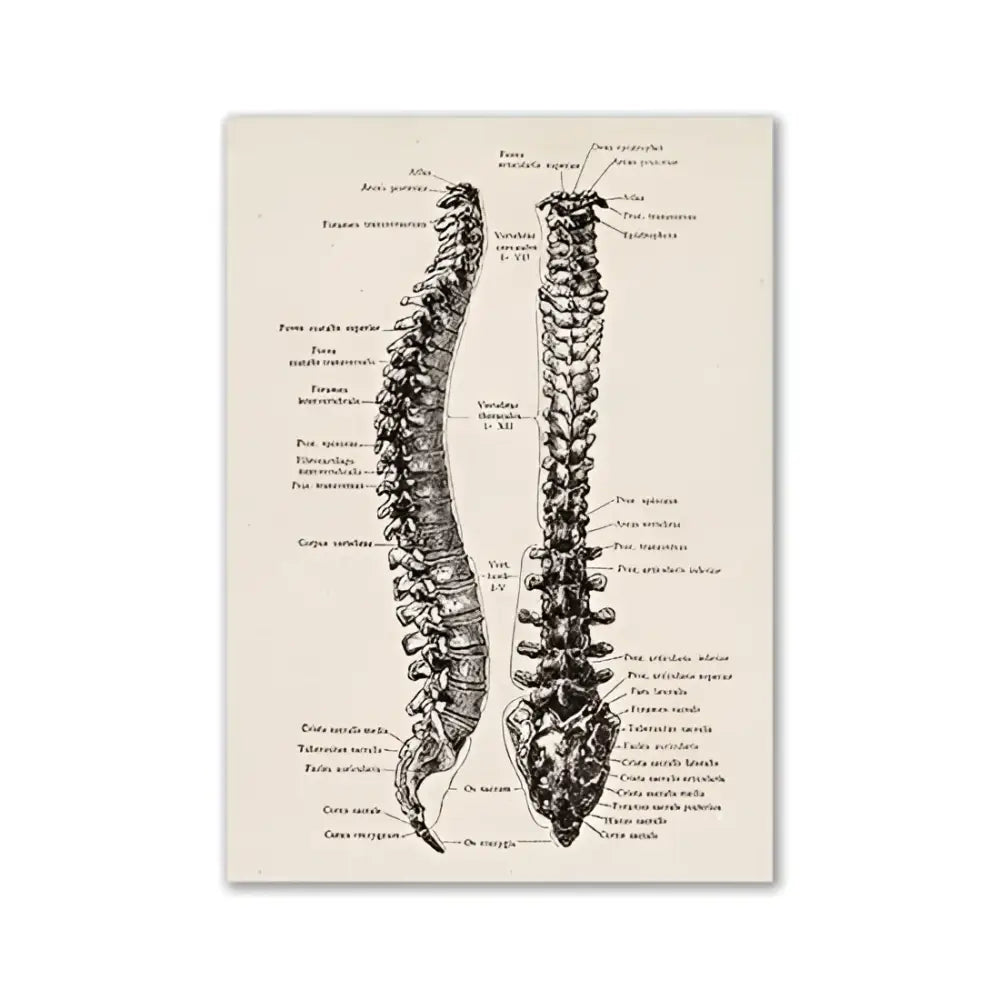 DecorBites™ vintage anatomy canvas print featuring a detailed human anatomy illustration of the spine on beige
