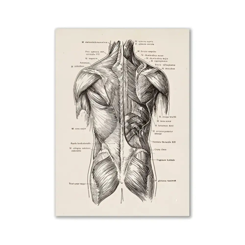 DecorBites™ vintage anatomy canvas print featuring detailed black ink human anatomy on aged off-white paper