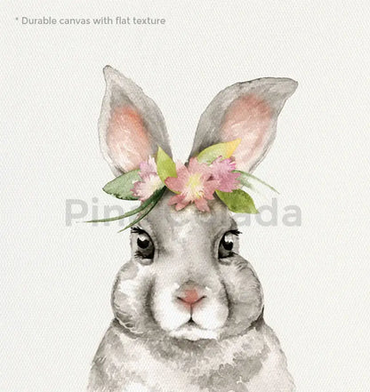 DecorBites™ vintage anatomy canvas print featuring a gray bunny with a floral crown on durable canvas