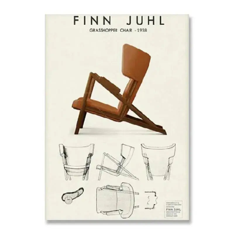 Decorbites™ vintage bauhaus black and white canvas print featuring brown leather grasshopper chair by finn juhl 1938