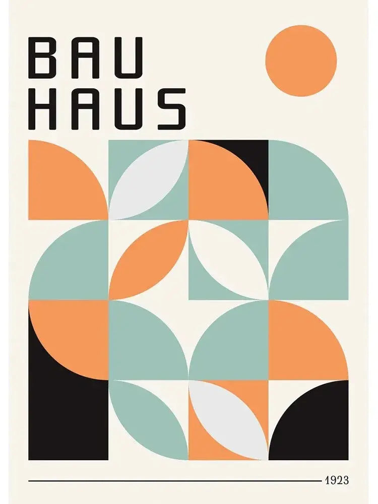 DecorBites™ vintage bauhaus black canvas print featuring minimalist orange teal and black semicircles on off-white canvas