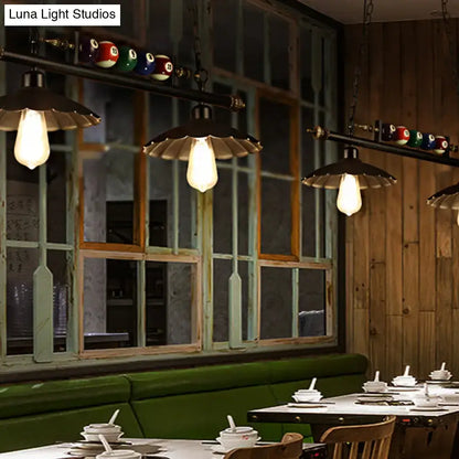 Decorbites™ vintage black industrial pool table light with scalloped metal shades and colorful billiard ball decoration