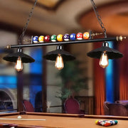 DecorBites vintage black industrial pool table light with scalloped design, Edison bulbs, and colorful billiard ball decoration