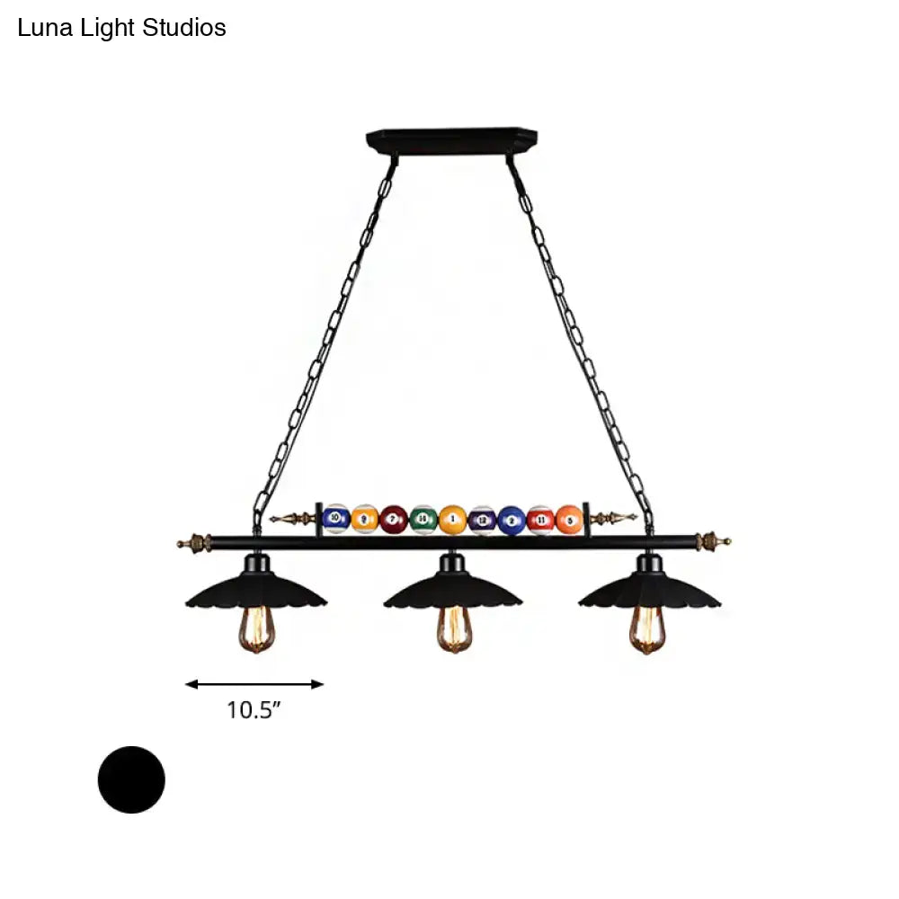 DecorBites™ vintage black wrought iron pool table light with scalloped design, three bulbs, and billiard ball decoration