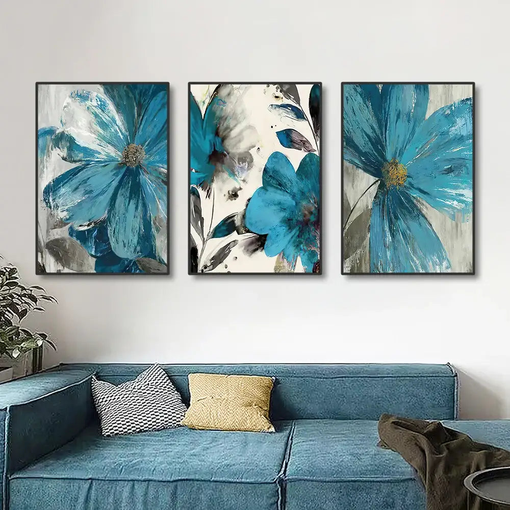 DecorBites vintage botanical flower canvas wall art set with blue paint floral prints and textured gold accents