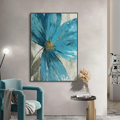 DecorBites™ vintage botanical print wall art featuring a vibrant blue textured flower with a golden center