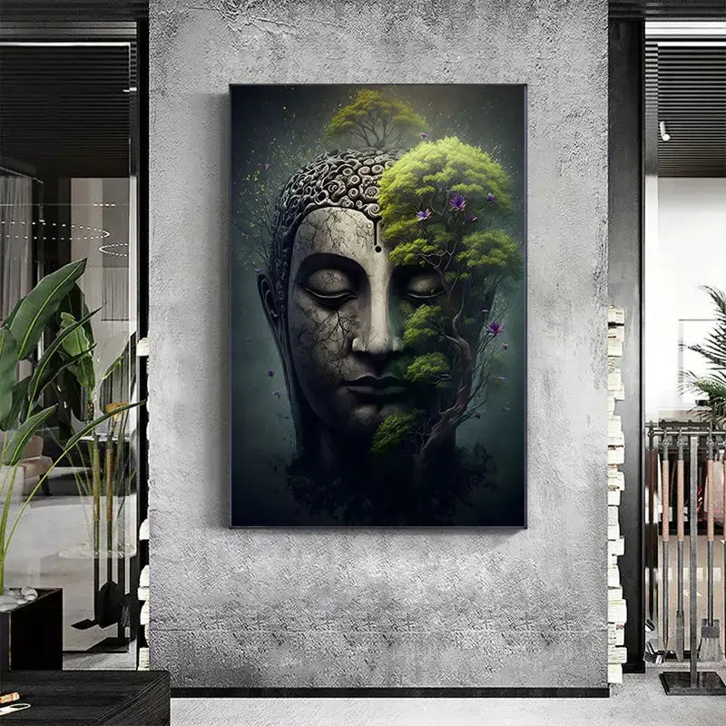 Decorbites™ vintage buddha canvas print wall art poster featuring black-and-white buddha face with green trees and purple flowers