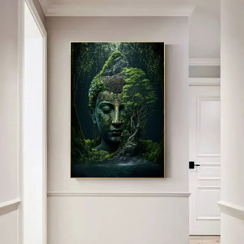 Decorbites™ vintage buddha canvas print wall art poster featuring a serene buddha head with green moss and forest backdrop