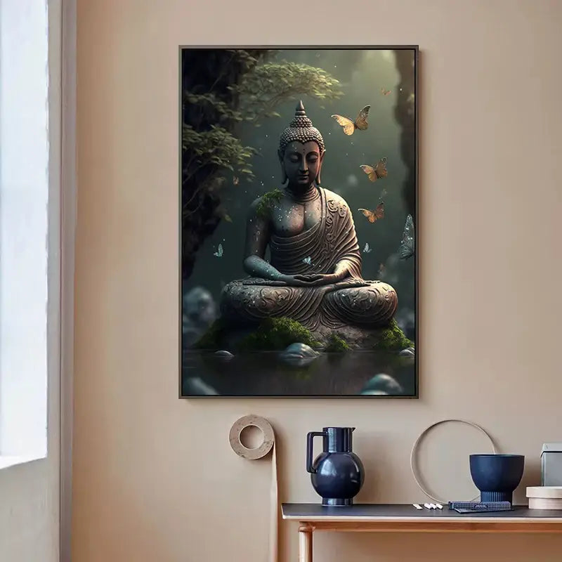 A framed DecorBites™ vintage buddha canvas print showing a serene moss-covered statue with butterflies for wall art poster