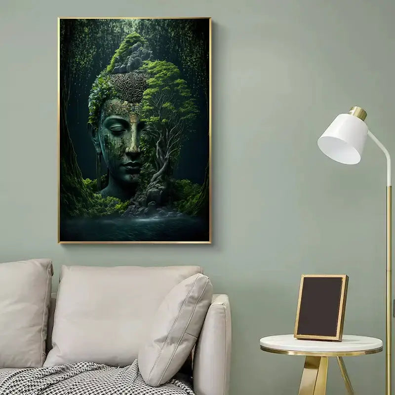 Framed vintage buddha canvas print featuring serene buddha head with green moss and roots against dark forest wall art poster