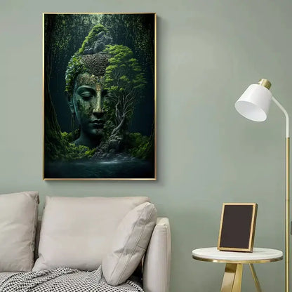 Framed vintage buddha canvas print featuring serene buddha head with green moss and roots against dark forest wall art poster