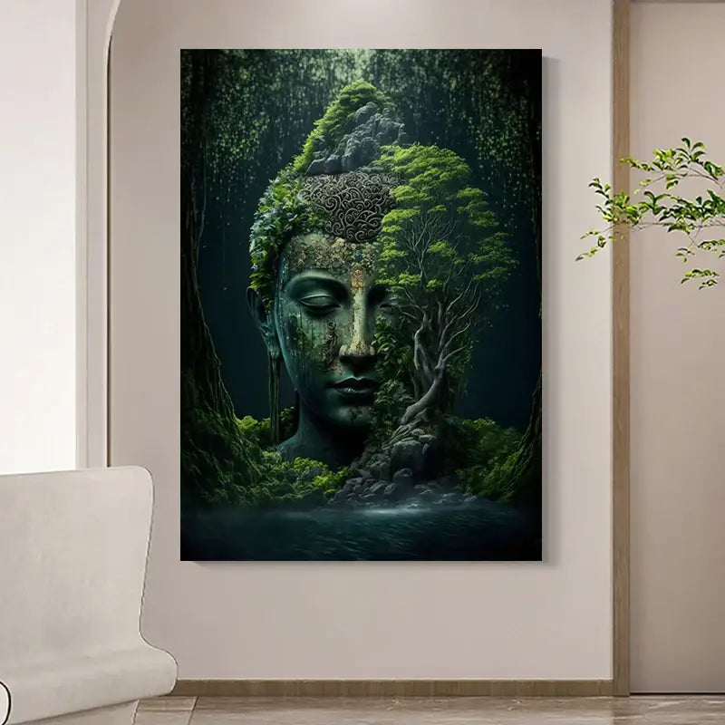 DecorBites™ vintage buddha canvas print featuring a dark-toned buddha face with green moss for elegant wall art poster use