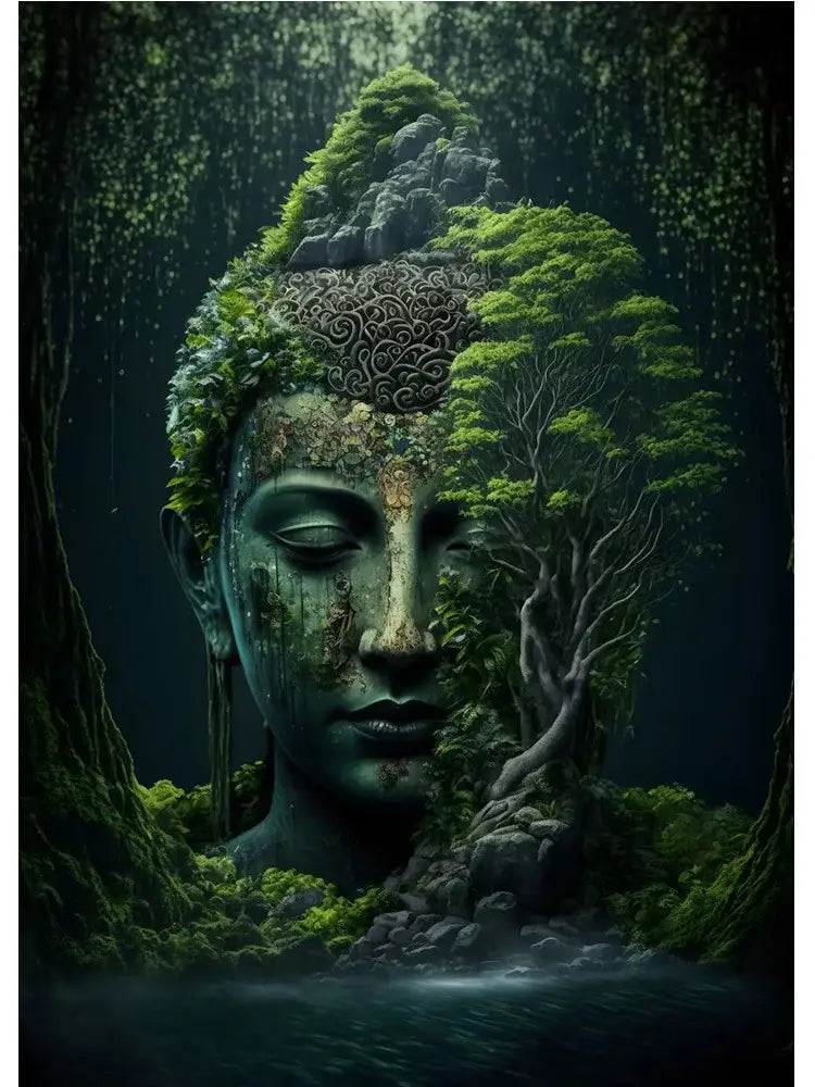 Decorbites™ vintage buddha canvas print featuring a moss-covered buddha head with tree roots and lush green foliage wall art poster