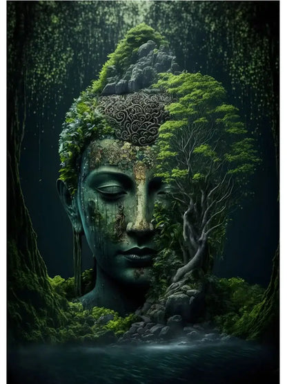 Decorbites™ vintage buddha canvas print featuring a moss-covered buddha head with tree roots and lush green foliage wall art poster