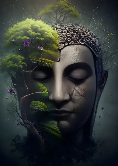 DecorBites™ vintage buddha canvas print featuring serene stone buddha head with green tree wall art poster