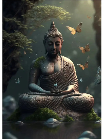 Decorbites™ vintage buddha canvas print featuring a stone buddha with intricate carvings and moss-covered base wall art poster