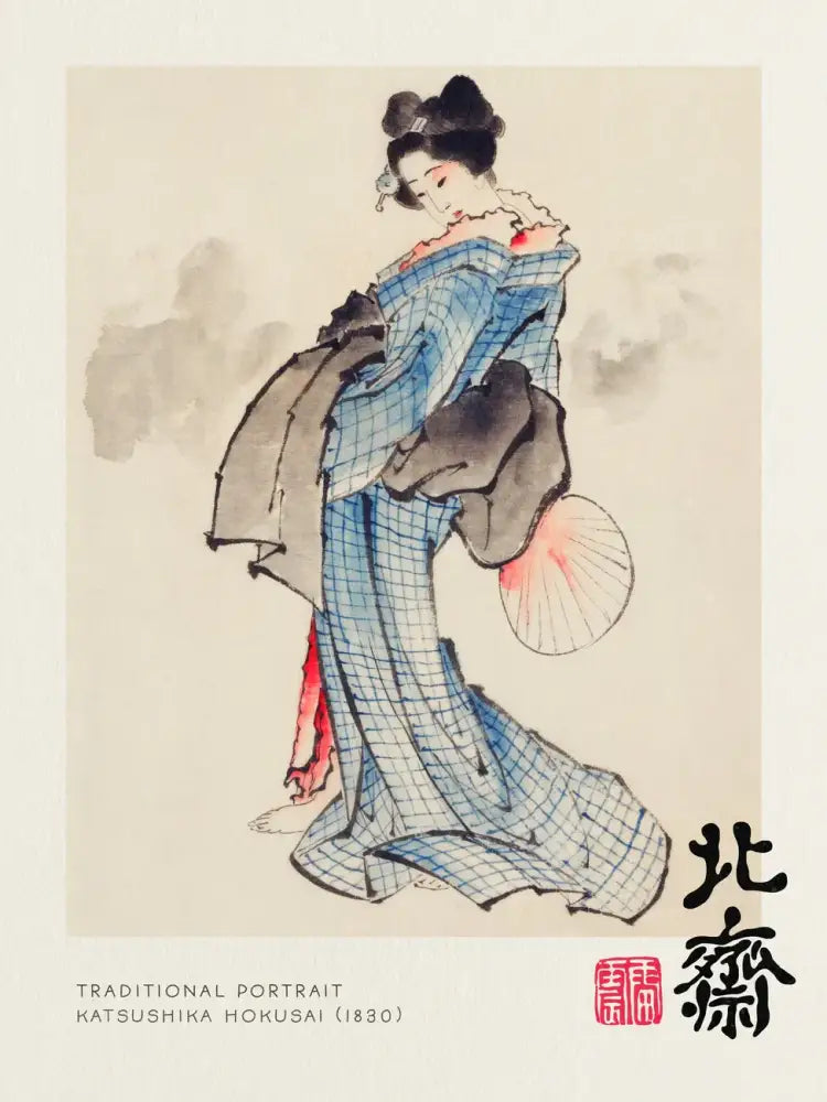 Decorbites™ vintage canvas painting print featuring a traditional geisha in blue kimono alongside the great wave design