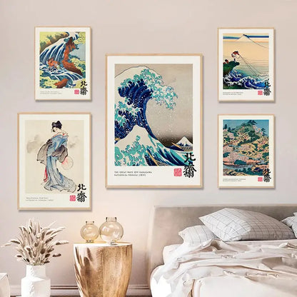 DecorBites™ vintage canvas painting print of the great wave by Hokusai in deep blue and turquoise with light wooden frame