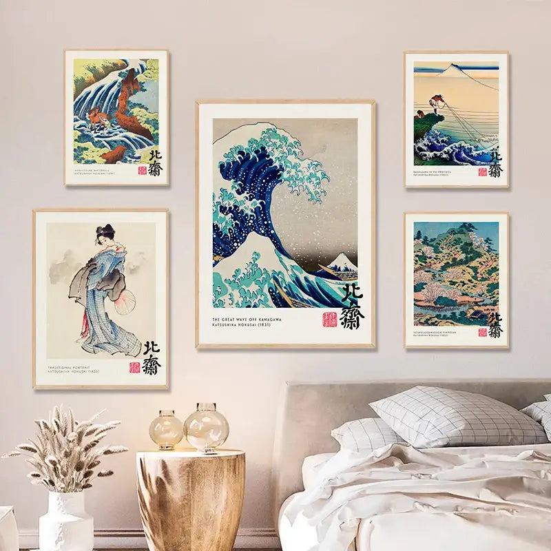 DecorBites™ vintage canvas painting print of the great wave by Hokusai in deep blue and turquoise with light wooden frame