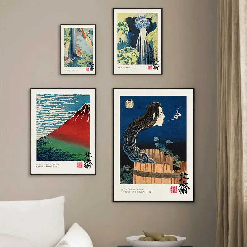 Four framed japanese woodblock prints with vibrant colors featured in decorbites™ vintage canvas painting print great wave
