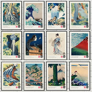 Set of twelve black framed ukiyo-e painting prints featuring Hokusai great wave classic canvas painting print with red seals