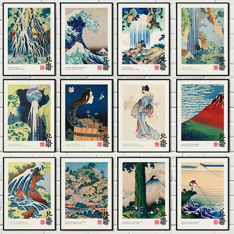 Set of twelve black framed ukiyo-e painting prints featuring Hokusai great wave classic canvas painting print with red seals