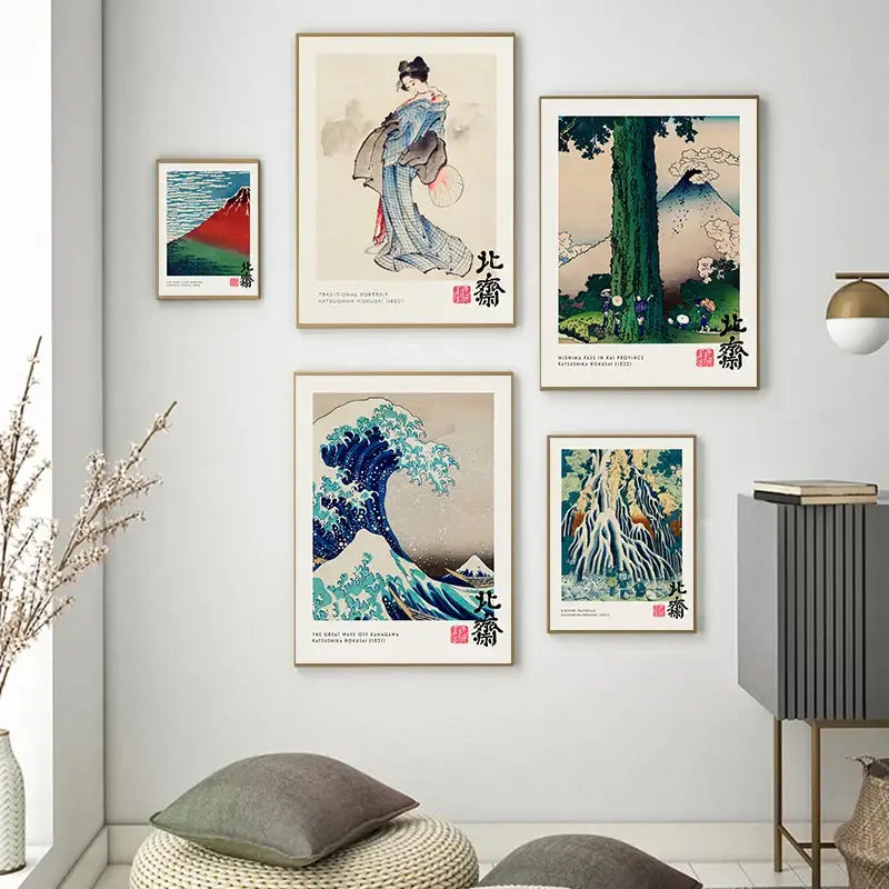 Set of four framed Japanese woodblock painting prints with bold colors including the great wave canvas painting print