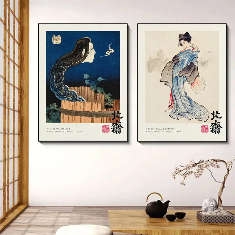 Two framed katsushika hokusai woodblock painting prints with great wave theme on vintage canvas print decorbites canvas painting