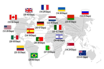 World map infographic with national flags and delivery times for decorbites™ vintage canvas print great wave by hokusai