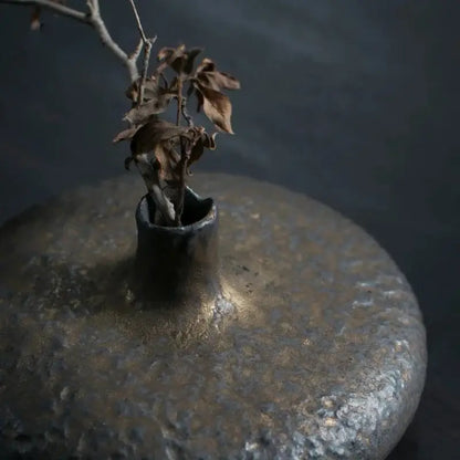 Rustic chinese retro ceramic vase with dark metallic sheen and narrow neck holding dried branches for home decor