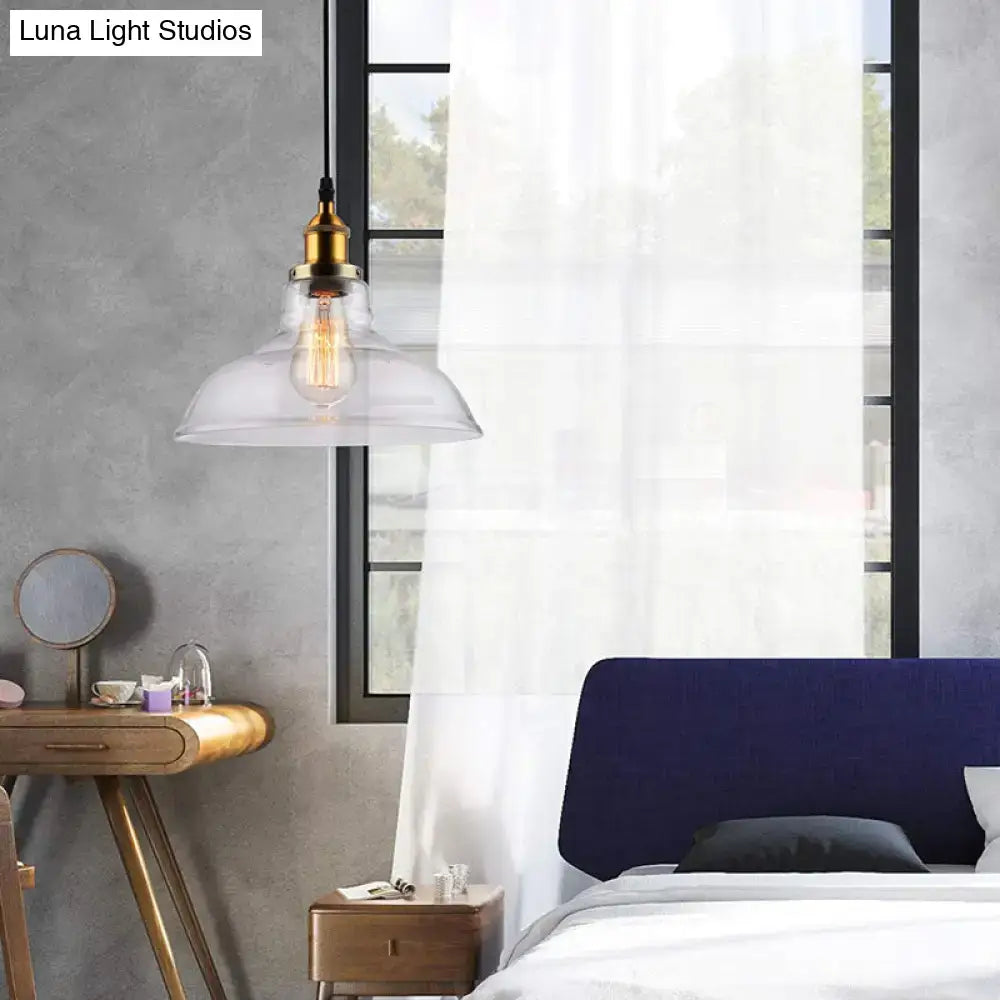 DecorBites vintage chrome pendant light with clear glass and brass fixture featuring an exposed filament bulb