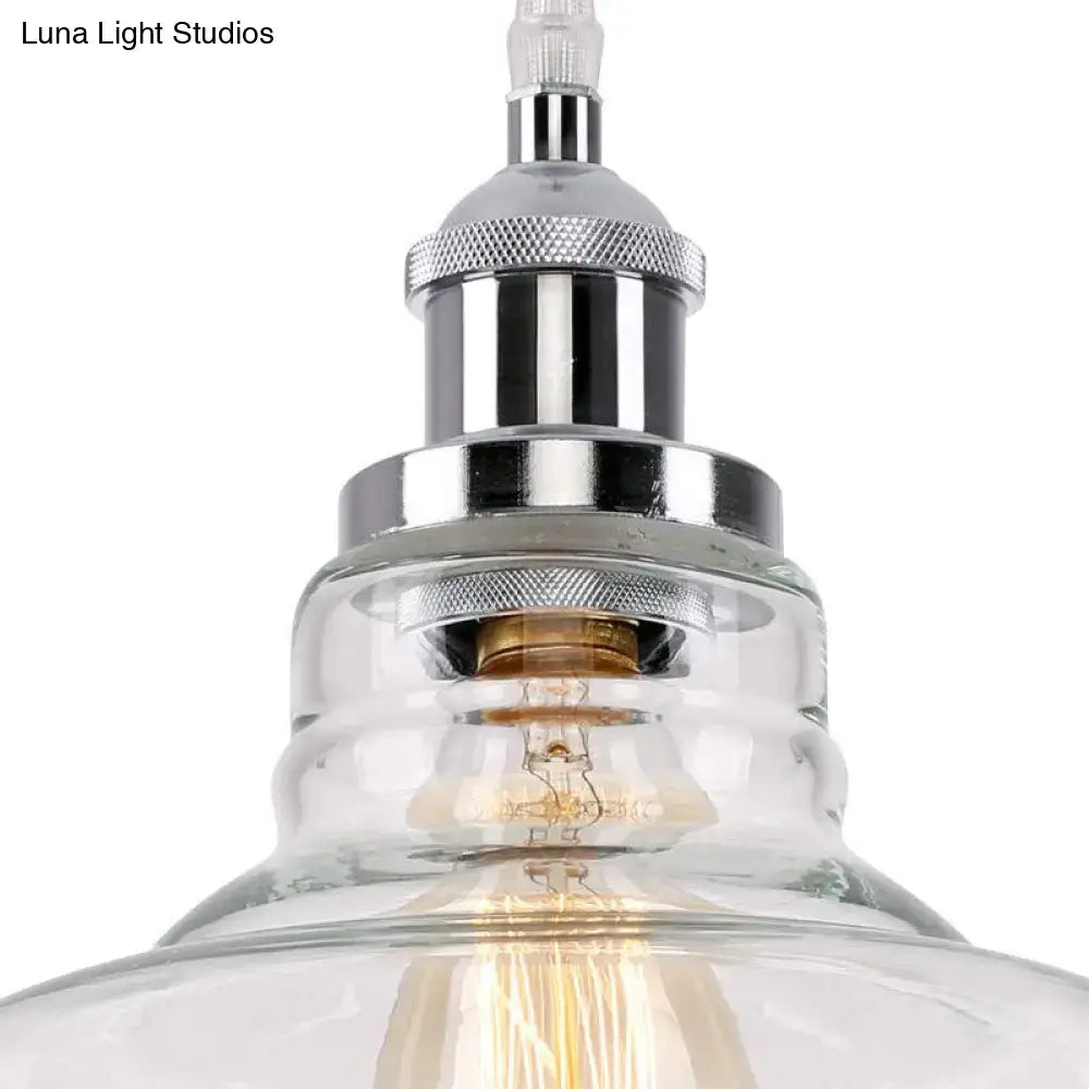 DecorBites™ vintage chrome pendant light with clear glass shade and exposed led incandescent fluorescent bulb for kitchen use