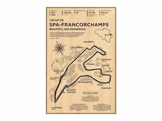 Vintage style beige poster featuring circuit de spa francorchamps layout in black ink by DecorBites™ for monaco grand prix fans