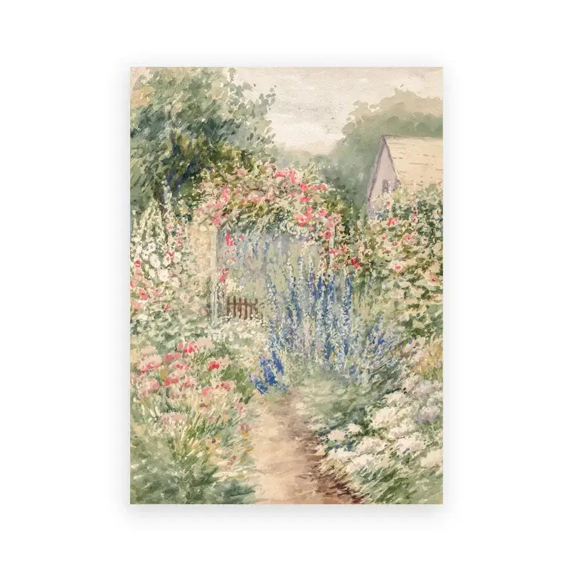 A soft watercolor winding garden path with vibrant flowers on decorbites vintage farmhouse landscape wall art