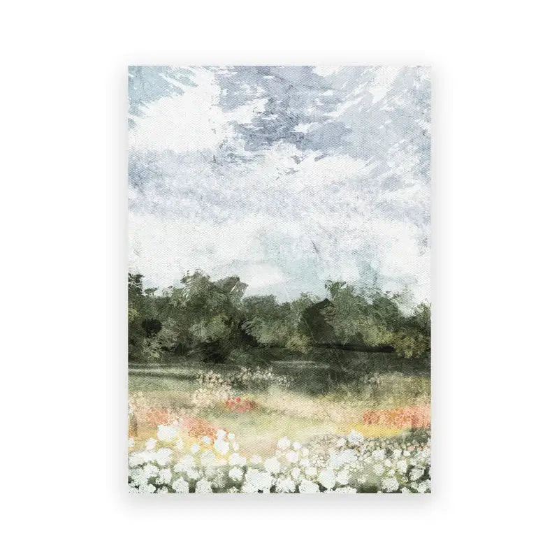 DecorBites™ vintage farmhouse landscape oil painting print featuring white and pink flowers with green trees under gray sky
