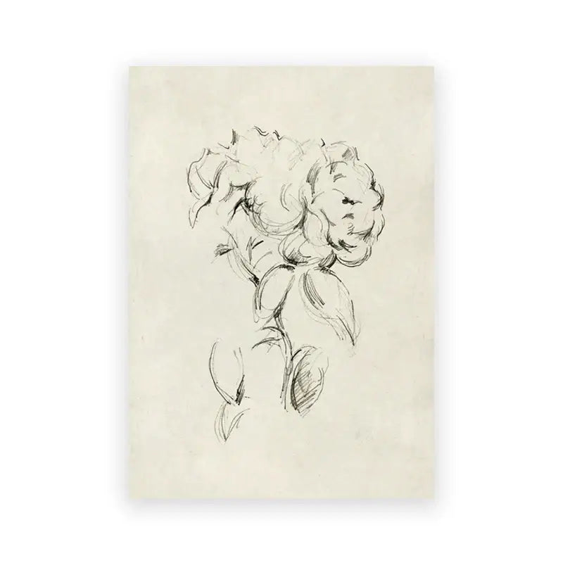 A delicate black ink sketch of a blooming peony on aged paper in DecorBites™ vintage farmhouse landscape oil painting