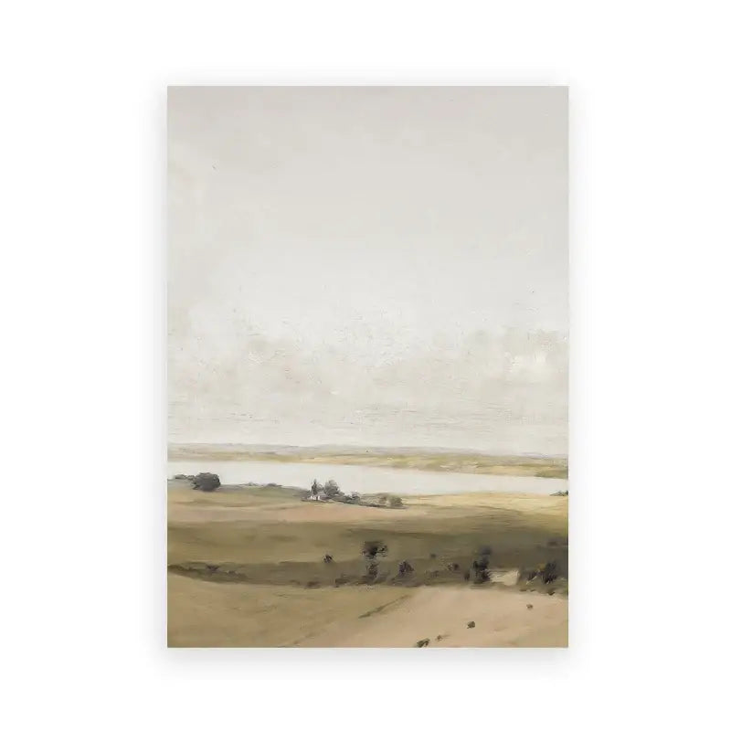 DecorBites™ vintage farmhouse landscape oil painting wall art with beige tones and soft brushstrokes depicting a serene river