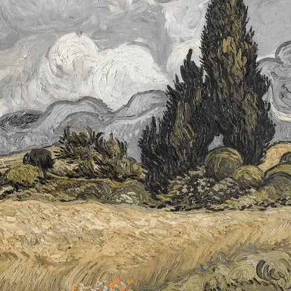 DecorBites™ vintage farmhouse wall art oil painting canvas of textured landscape with dark cypress trees and gray sky
