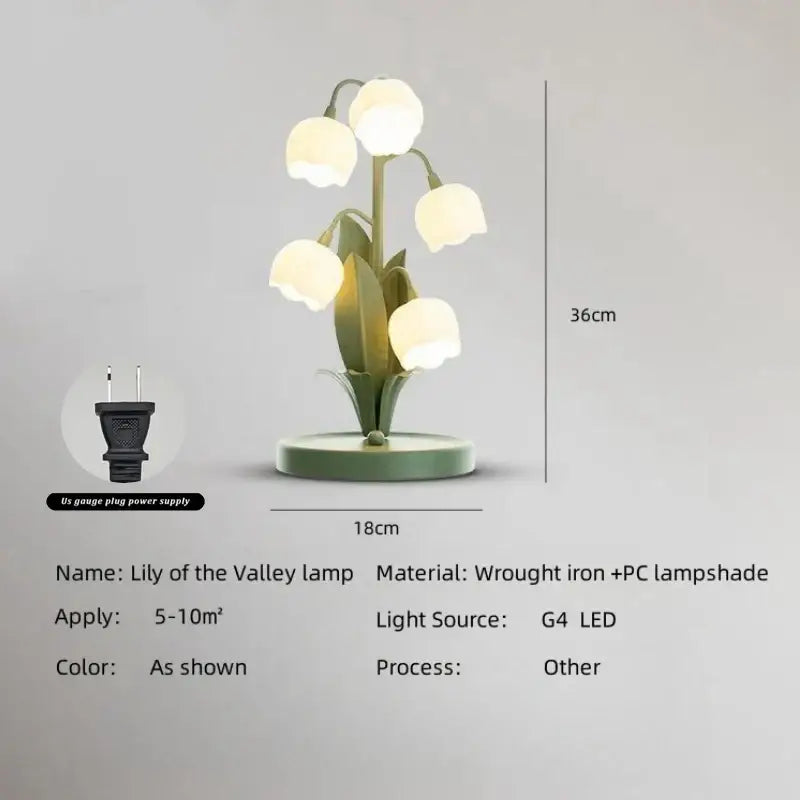 Green lily of the valley vintage floral table lamp with five glowing led bulbs and wrought iron base for home decor