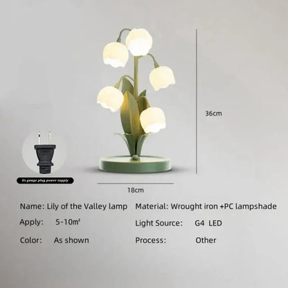 Green lily of the valley vintage floral table lamp with five glowing led bulbs and wrought iron base for home decor