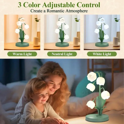 DecorBites™ vintage floral table lamp with green lily-of-the-valley design and softly glowing white flower bulbs