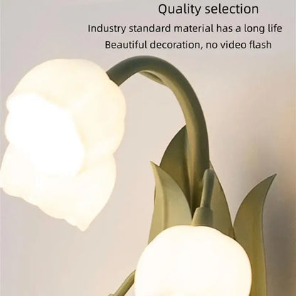 Decorbites vintage floral table lamp with white glowing tulip shade and matte green stem for bedroom use