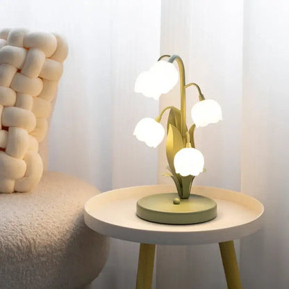 Decorbites vintage floral table lamp with gold-toned bell-shaped flowers and matte sage green base for bedrooms