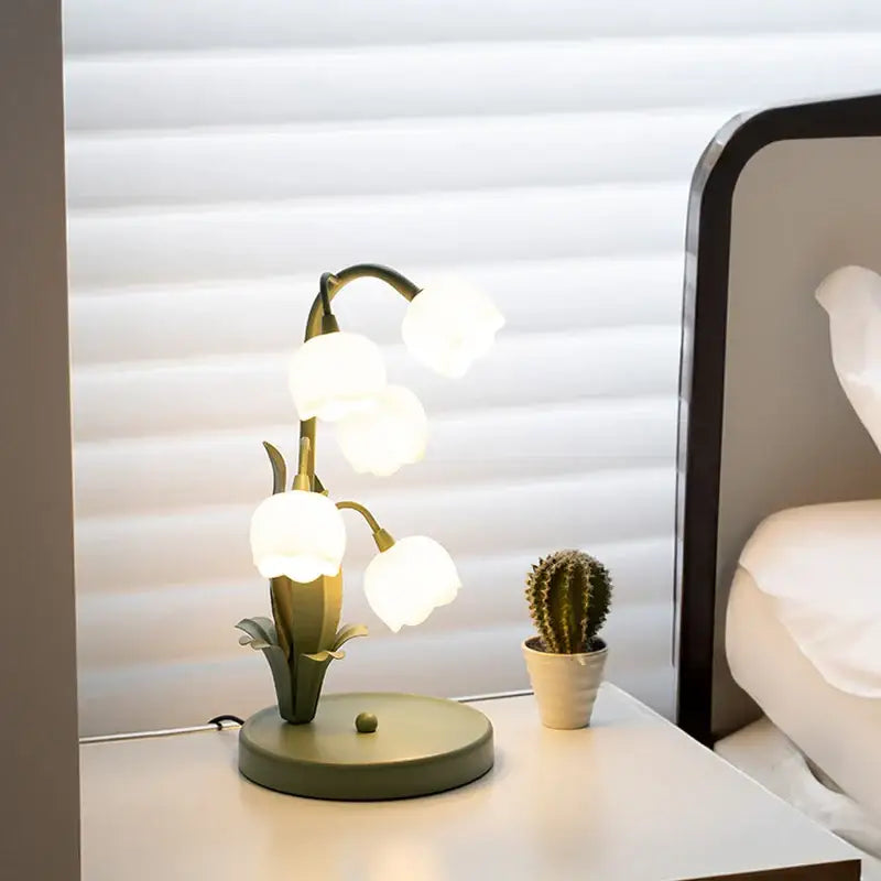 DecorBites vintage floral table lamp olive green metal with white glass bulbs shaped like lily-of-the-valley flowers