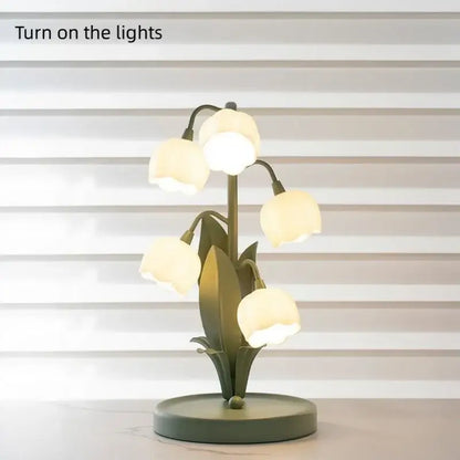 Decorbites vintage floral table lamp with olive green metal and glowing lily-of-the-valley glass petals for home use