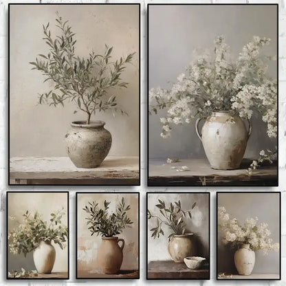 Set of six DecorBites™ vintage floral vase canvas prints featuring rustic ceramic vases with olive branches in earth tones