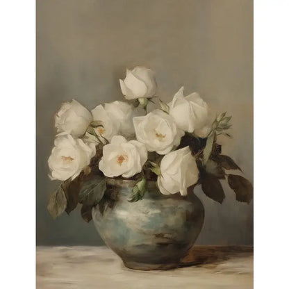 A vintage-style ceramic vase with mottled blue and gray glaze holding delicate white roses in decorbites™ floral wall art