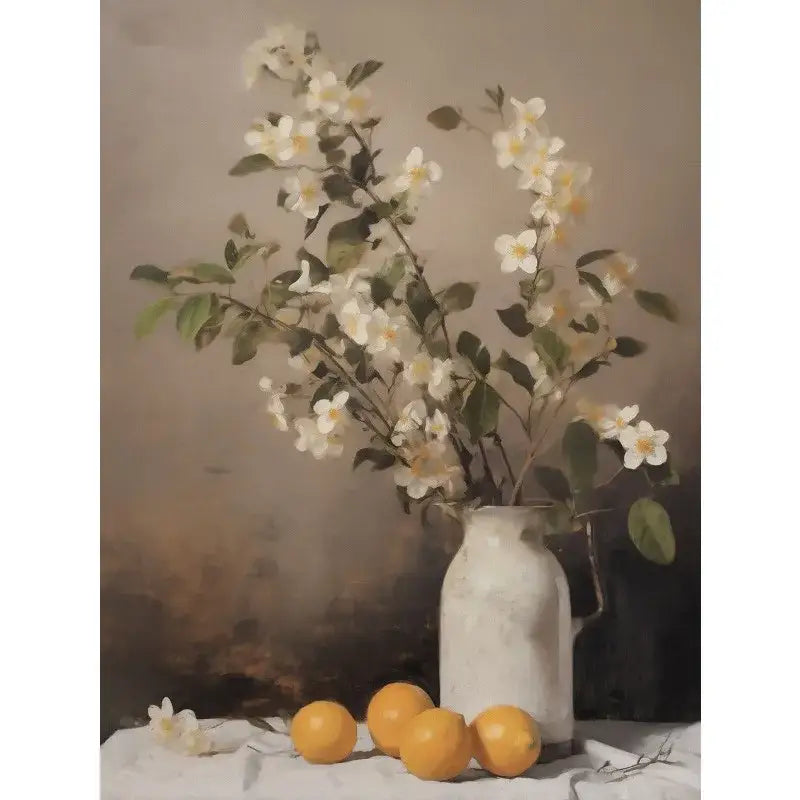 Decorbites™ vintage floral vase canvas wall art featuring a white ceramic pitcher with white blossoms and green leaves